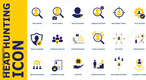 Head Hunting and Recruitment Icon Set Featuring Talent Search Executive Sourcing and Candidate Shortlist Symbols, HR Management Vector for Hiring and Job Portals