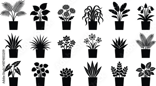 Indoor plant silhouette collection showing potted houseplants icons, minimalist botanical design set isolated on white background illustration for creative projects