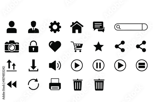 Diverse Set of Black and White Icons for Web and Application Interfaces 