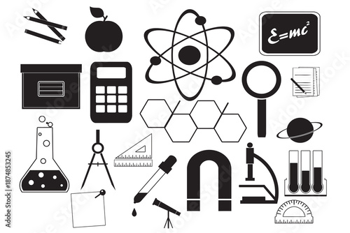 Assortment of Science and Education Icons and Symbols on a White Background 