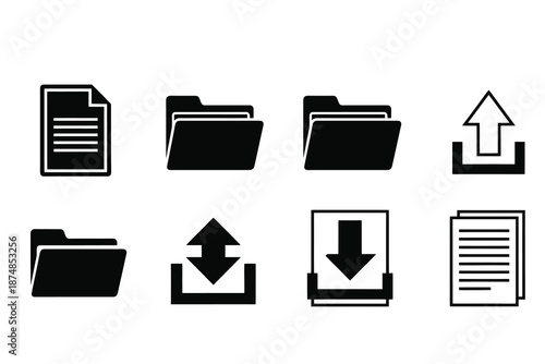 Collection of black file and folder icons with upload and download arrows on white background file icon