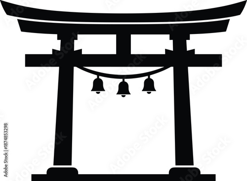 Japanese torii gate silhouette with bells, traditional shrine architecture icon isolated on white background, Asian culture symbol illustration