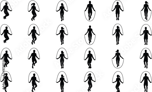 Jump rope exercise silhouette collection showing men and women skipping in multiple poses isolated on white background, black fitness vector illustration