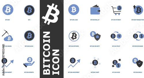 Modern Bitcoin and cryptocurrency icon set for digital finance; featuring blockchain technology, crypto wallet, mining, market growth, and secure payment symbols.