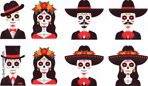 Day of the Dead sugar skull character set, colorful Mexican Catrina and Mariachi portraits, festive Halloween vector illustration design collection