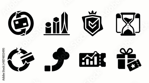 A collection of black and white business and finance icons, including credit card transactions, growth charts, security shields, hourglass, cloud services, and gift rewards.