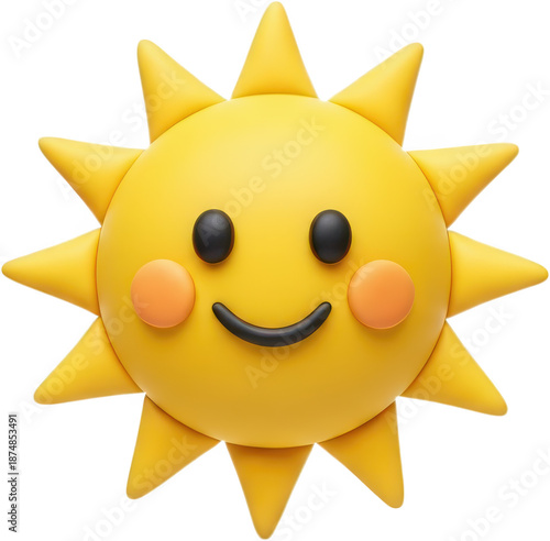 Cheerful cartoon sun character with rosy cheeks and a wide smiling mouth radiating warmth and positivity with its bright yellow rays happy kawaii cute joy smile illustration transparent background