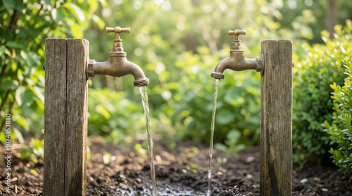 Two old brass water taps mounted on wooden posts are pouring water onto soil, set against a blurred green garden background with sunlight filtering through foliage