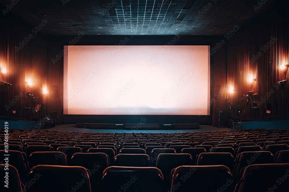 Fototapeta premium Auditorium view, showcasing the screen and tiered seating rows, lit softly for atmosphere
