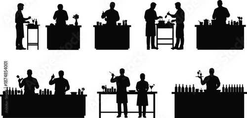 Bartender and chef silhouettes preparing drinks and food at counters, professional kitchen and bar service concept, restaurant staff workflow, hospitality industry illustration