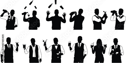 Bartender silhouettes mixing cocktails and serving drinks, professional bar staff poses with shakers and glasses, isolated black figures set for nightlife, hospitality and bar design projects