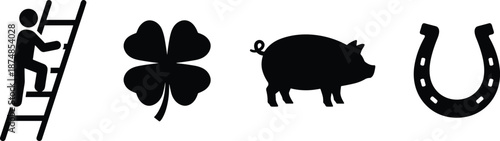 Luck symbols silhouette set ladder clover pig horseshoe icons, good fortune success concept, black vector illustration isolated white background design
