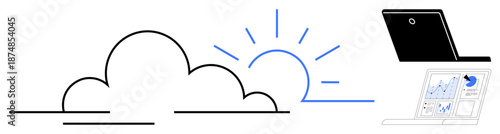 Cloud computing, data management, business analytics, technology innovation, remote work, progress tracking. Abstract cloud and sunrise with laptop showing charts. Cloud computing and data management