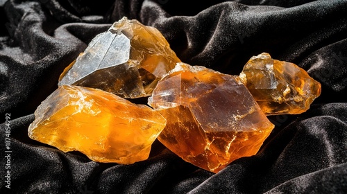 copal. Several raw amber copal resin pieces on black velvet with ancient inclusions. gardening catalogs, home-decor guides, designed for home decor and floral branding, used by video editors.