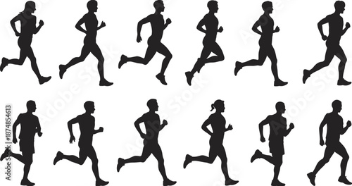 Running people silhouette set showing male and female joggers in motion, fitness activity poses isolated on white background for sport and training concepts