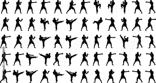 Martial arts fighter silhouette collection showing punching kicking boxing and karate poses isolated on white background, black vector sports illustration