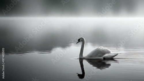 Serene Swan Swimming in Misty Lake Water.