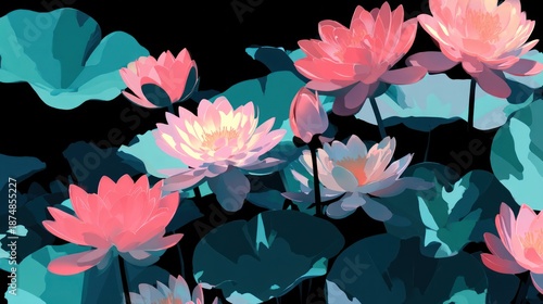 Painterly digital art of pink water lilies with broad teal leaves against a dark background