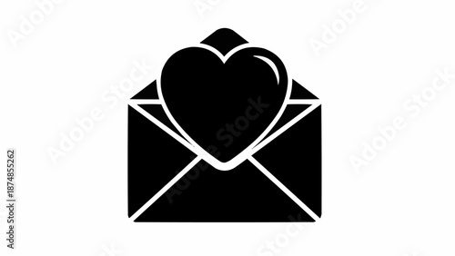 Black silhouette of an open envelope with a heart symbol inside.