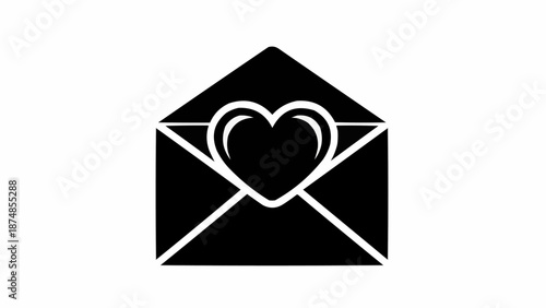 Black silhouette of an open envelope with a white heart inside.