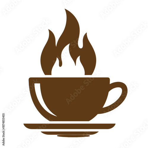Brown coffee cup with flames rising from it on saucer