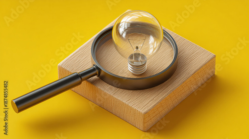 Illuminating idea, a magnifying glass and a lightbulb on a wood block
