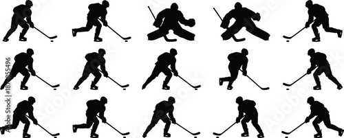 Set of ice hockey player silhouettes, skating shooting passing and goalie action poses isolated on white background, vector sport illustration