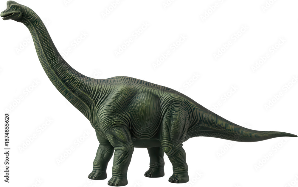 Fototapeta premium Detailed realistic green dinosaur toy figure with long neck and tail standing on four legs prehistoric reptile ancient jurassic fantasy creature animal wild nature ancient world transparent background