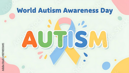 World Autism Awareness Day Illustration with Puzzle Ribbon and Colorful Typography