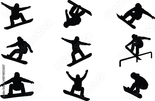 Snowboarder silhouettes collection featuring freestyle tricks jumps rails and landings isolated black winter sport athletes for extreme sports alpine snowboarding design projects