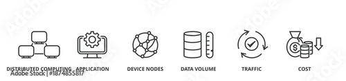 Edge computing banner vector illustration concept with icon of distributed computing, application, device nodes, data volume, traffic and reduce costs