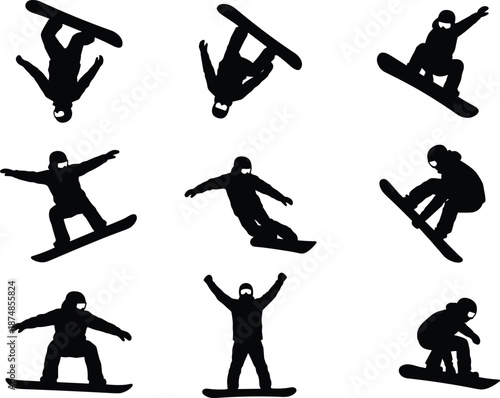 Snowboarder silhouettes set showing winter sport athletes jumping carving landing tricks isolated black action figures for extreme sports alpine snow activity design use