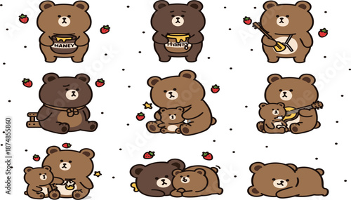 Cute cartoon bear characters vector illustration set with different poses and emotions isolated on white background