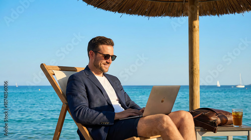 Man in blazer and sunglasses working on a laptop while sitting on a beach chair under a straw umbrella by the sea on a sunny day