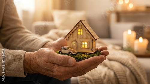 Hands holding a miniature house with warm lights inside and a small vintage car, symbolizing home, safety, and comfort in a cozy indoor setting with candles in the background