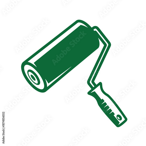Green paint roller with handle for painting walls and surfaces  household and construction tool