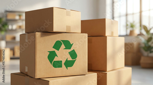 Cardboard boxes stacked indoors, with one prominently displaying a green recycling symbol, highlighting eco-friendly packaging and sustainable shipping practices in a bright, organized space