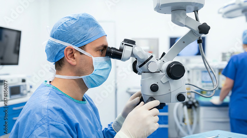 A surgeon in blue scrubs and mask operates a high-tech microscope in a modern medical facility, focusing intently on a delicate procedure