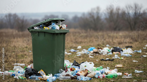 An overflowing green trash bin stands in a field littered with plastic bottles, bags, and waste, highlighting environmental pollution and improper garbage disposal in a natural area