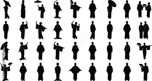 Traditional Japanese people silhouette collection wearing kimono with fans and umbrellas isolated on white background, black vector illustration cultural design