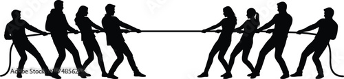 Tug of war silhouette teamwork competition strength concept, people pulling rope sport challenge, black vector illustration isolated white background design