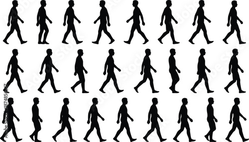 Walking man silhouette sequence showing human motion cycle, people walking animation frames isolated on white background for design use