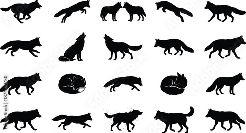 Wolf silhouette collection showing running walking jumping resting and howling poses isolated on white background, black vector wildlife illustration set