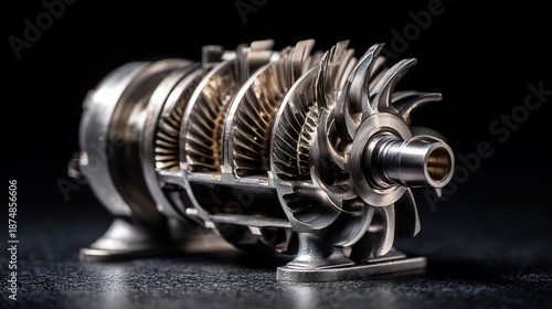 impeller. Polished metal cutaway model of a supercharger revealing internal blades on dark background. product launch decks.