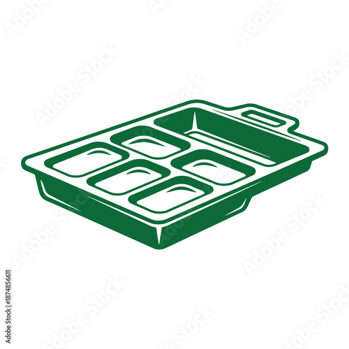 Green plastic food tray with six compartments and handle isolated on white background