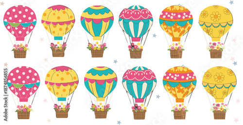 Cute colorful hot air balloons vector illustration set with decorative patterns isolated on white background
