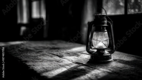 A dimly lit, antique oil lantern sits on a rustic wooden table inside a dark, possibly abandoned, room.  Sunlight streams in through a nearby window, casting shadows