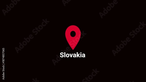 Abstract Slovakia map location pin animation. Country location pin pointer icon animated on black background, GPS location tracking animation. 4K video	
