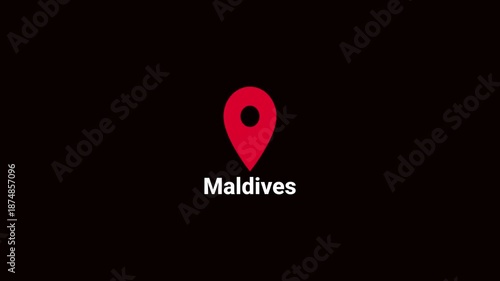 Abstract Maldives map location pin animation. Country location pin pointer icon animated on black background, GPS location tracking animation. 4K video	
