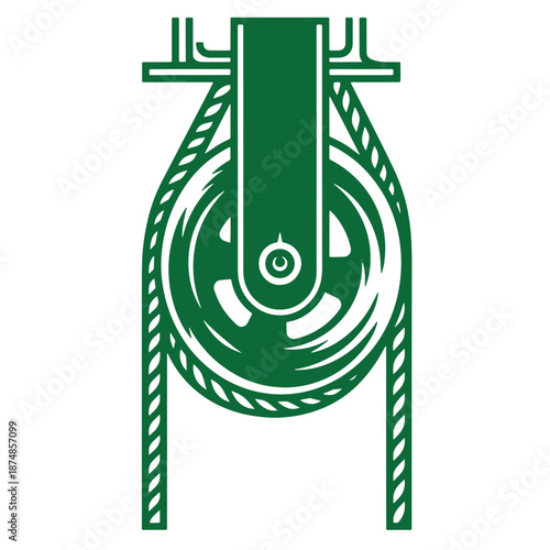 Green rope pulley system with wheel and rope wrapped around it  industrial lifting device